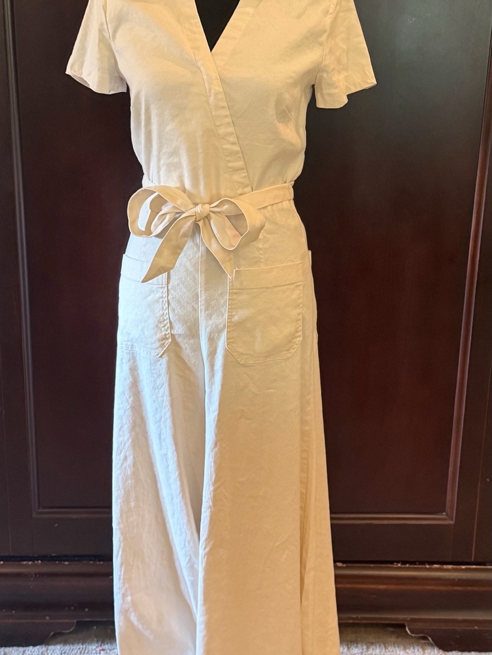 MAEVE Anthropology Cream Wrap Wide-Leg Jumpsuit with Tie Waist